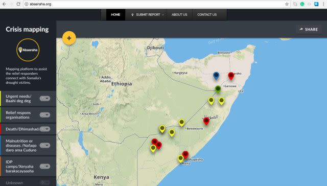 Mapping platform Abaaraha helps connect relief responders with Somalia's drought victims.