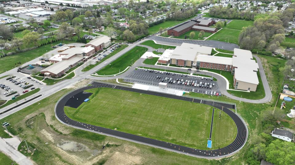 An aerial view shows Finland Middle School, right; Finland Elementary School, left; and at the top of the frame Franklin Woods Intermediate School, all in the South-Western City School District.