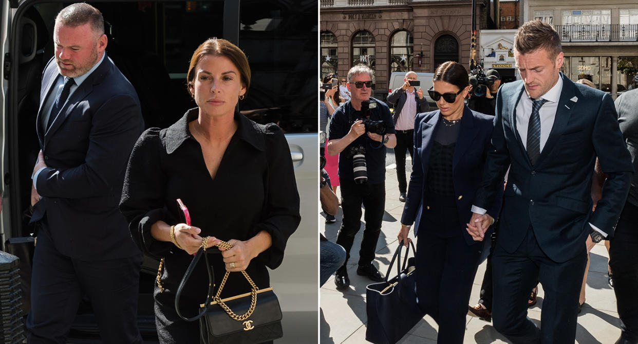 The Rooneys and Vardys arrive at court for Wagatha Christie day six. (Getty)