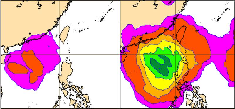 24日20時歐洲（ECMWF）系集模式，模擬下週五20時機率分布圖顯示，台灣至南海一帶有「熱帶擾動」活動的跡象，以東沙島南方海域機率最高，達60%（右圖），並朝廣東前進。模擬其發展成颱的機率（≦20%）仍偏低，位置亦較不具威脅（左圖）。