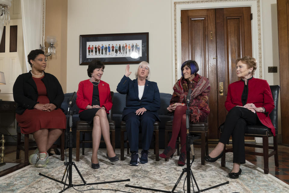 From left, Shalanda Young, the first Black woman to lead the Office of Management and Budget; Senate Appropriations Committee ranking member Sen. Susan Collins, R-Maine; Senate Appropriations Committee chair Sen. Patty Murray, D-Wash.; House Appropriations Committee ranking member Rep. Rosa DeLauro, D-Conn.; and House Appropriations chair Rep. Kay Granger, R-Texas, speak during an interview with The Associated Press at the Capitol in Washington, Thursday, Jan. 26, 2023. It's the first time in history that the four leaders of the two congressional spending committees are women. (AP Photo/Manuel Balce Ceneta)