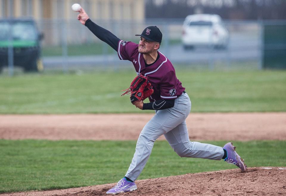 Wes-Del senior pitcher Zack Todd faces off against Shenandoah during their game at Wes-Del High School Thursday, April 7, 2022.