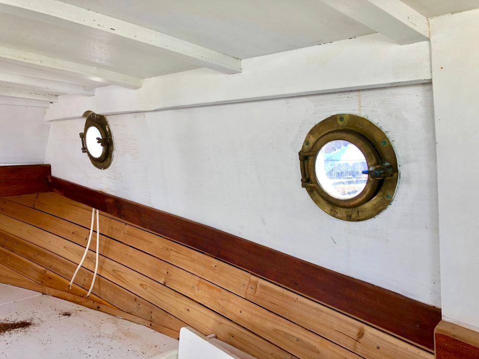 This July 20, 2020 photo provided by David Bigelow in Vineyard Haven, Mass. shows part of a boat that is being retrofitted to replicate the boat from the movie Jaws. A group of ocean lovers and movie buffs is building a replica of the boat, the Orca, for use as a conservation tool. (David Bigelow via AP)