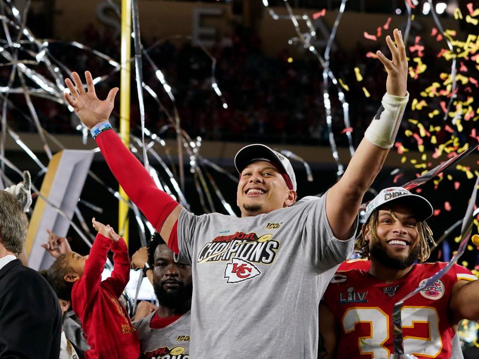 Patrick Mahomes celebrates after winning Super Bowl LIV.