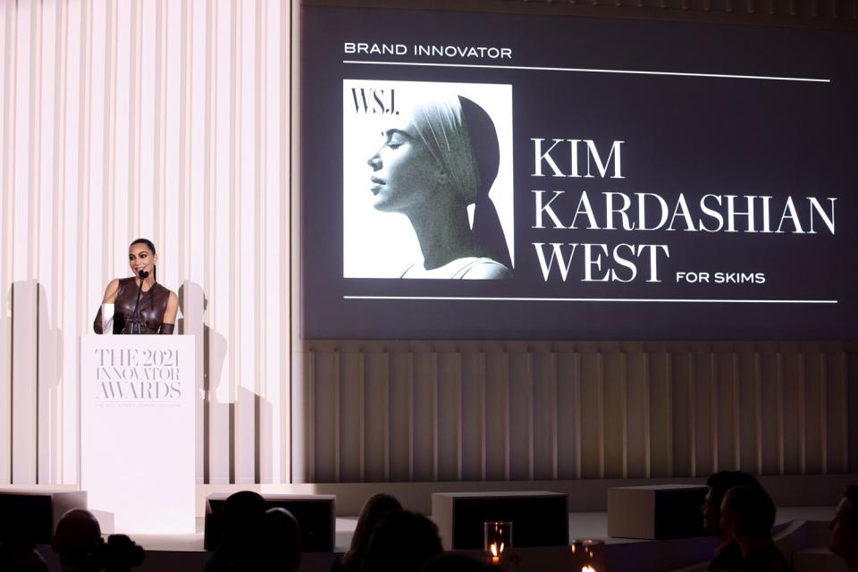 Kim Kardashian West accepts an award onstage during the WSJ. Magazine 2021 Innovator Awards