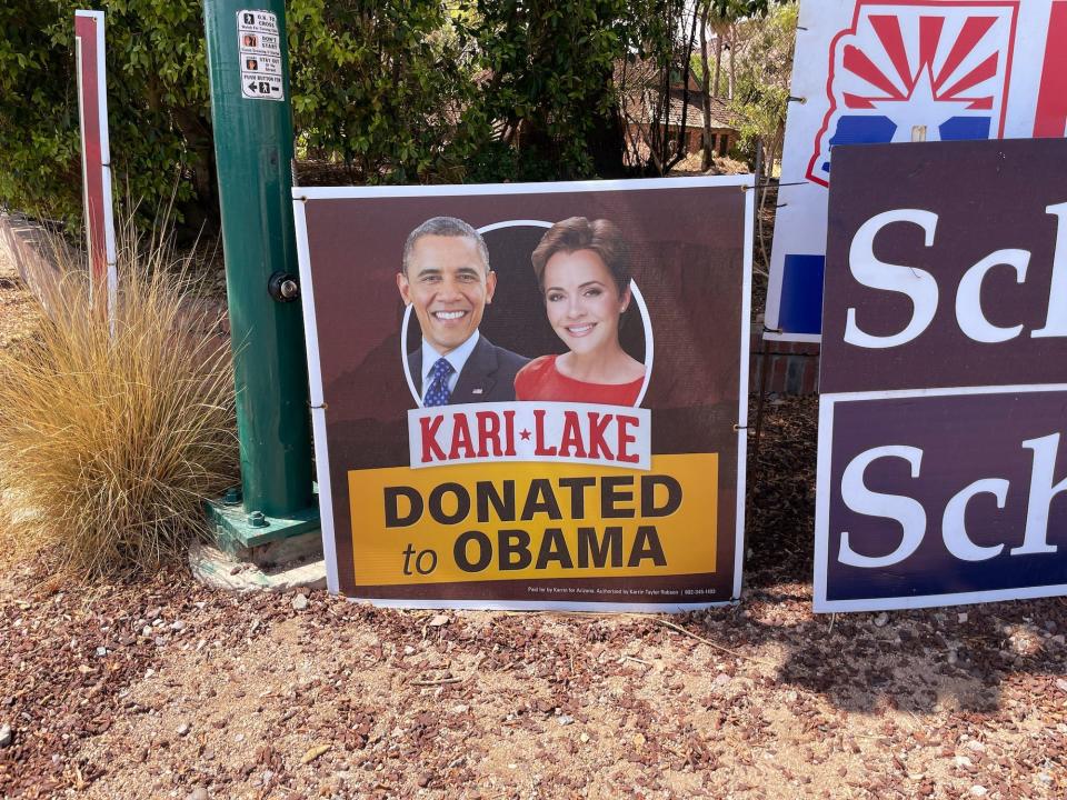 A yard sign highlighting Lake's past support for President Barack Obama paid for by Robson's campaign in Phoenix, Arizona.