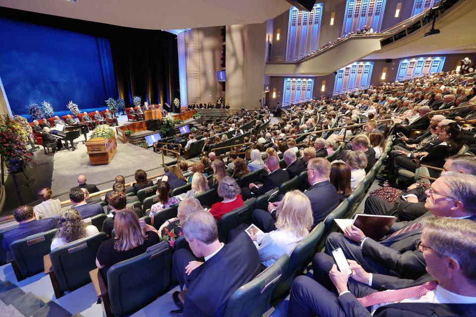 Elder Kevin W. Pearson of The Church of Jesus Christ of Latter-day Saints conducts during Sister Patricia T. Holland’s funeral service at the Conference Center Theater in Salt Lake City on Friday, July 28, 2023. | Jeffrey D. Allred, Deseret News