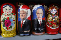 <p>Traditional Russian wooden dolls called Matryoshka depicting Russian President Vladimir Putin and Donald Trump, hours before his inauguration, are displayed for sale at a street souvenir shop in St. Petersburg, Russia, Jan. 20, 2017. (Photo: Dmitri Lovetsky/AP) </p>