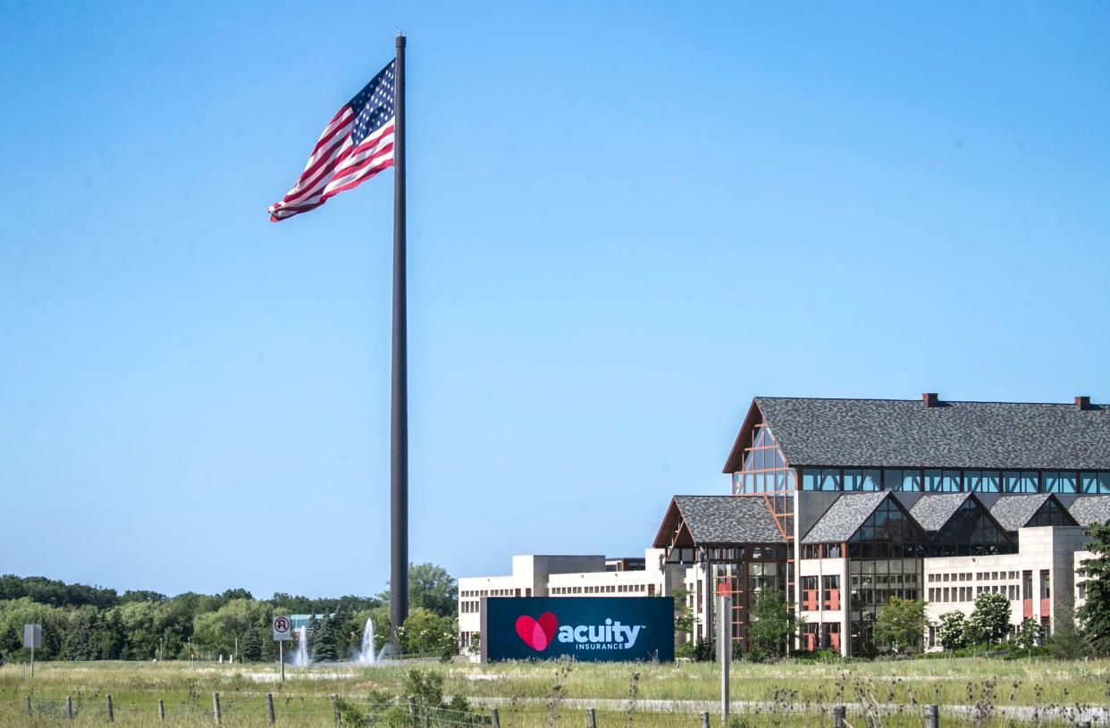 The Flag of the United States flies in the wind at Acuity Insurance headquarters, Monday, June 27, 2022, in Sheboygan, Wis.