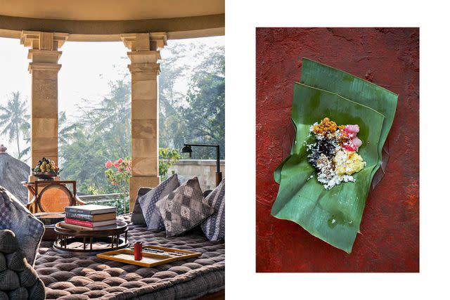 <p>From left: Courtesy of Aman; Martin Westlake</p> From left: A reading nook in the Dalem Jiwo suite at Amanjiwo, a secluded resort in Central Java; jajan pasar, often served on a banana leaf, is a common market treat.