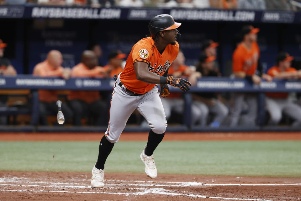 Baltimore Orioles' Jorge Mateo watches the ball after hitting a two-run double during the fourth inning of a baseball game against the Tampa Bay Rays, Saturday, July 22, 2023, in St. Petersburg, Fla. (AP Photo/Scott Audette)