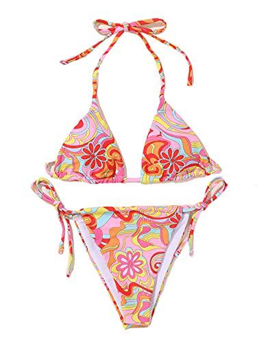 7) Allover Floral Print String Triangle Halter 2 Piece Bikini