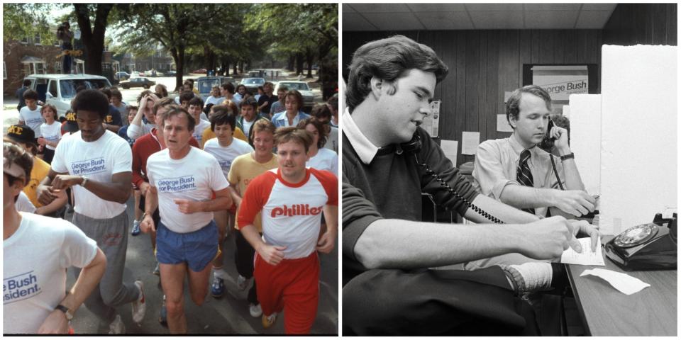 A side-by-side collage of George H.W. Bush jogging with supporters in 1980 as he ran for the GOP presidential nomination, and his sons Jeb Bush and Neil Bush, talking on telephones at George H.W. Bush's presidential campaign headquarters in January 1980.