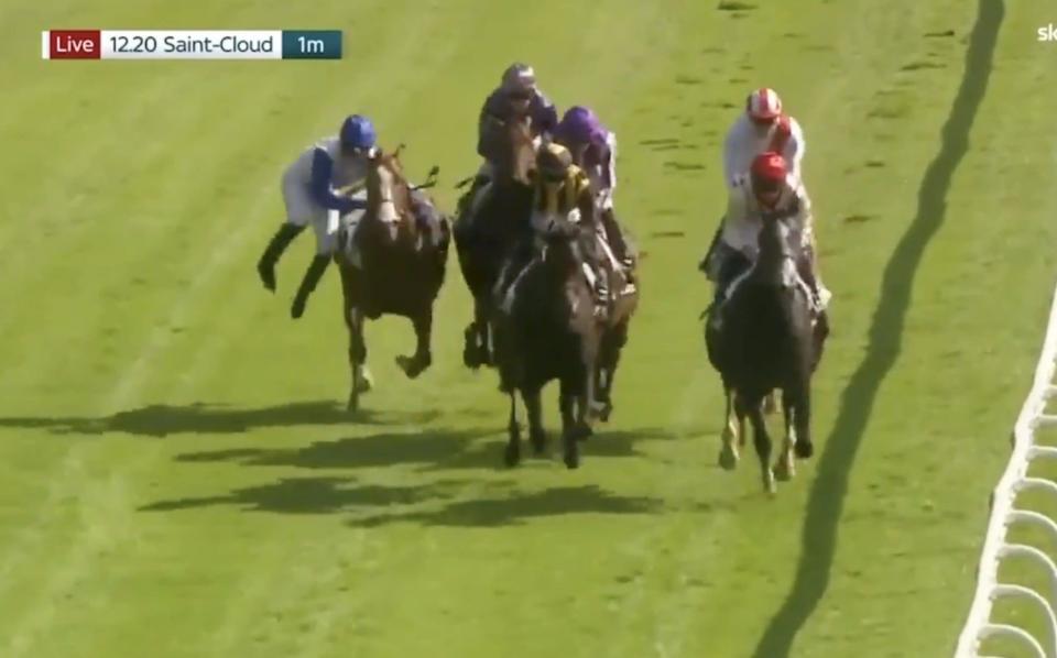 Ryan loses his balance and falls off the side of his horse - Christophe Soumillon is banned for two months for elbowing jockey off horse - At the Races/Sky Sports