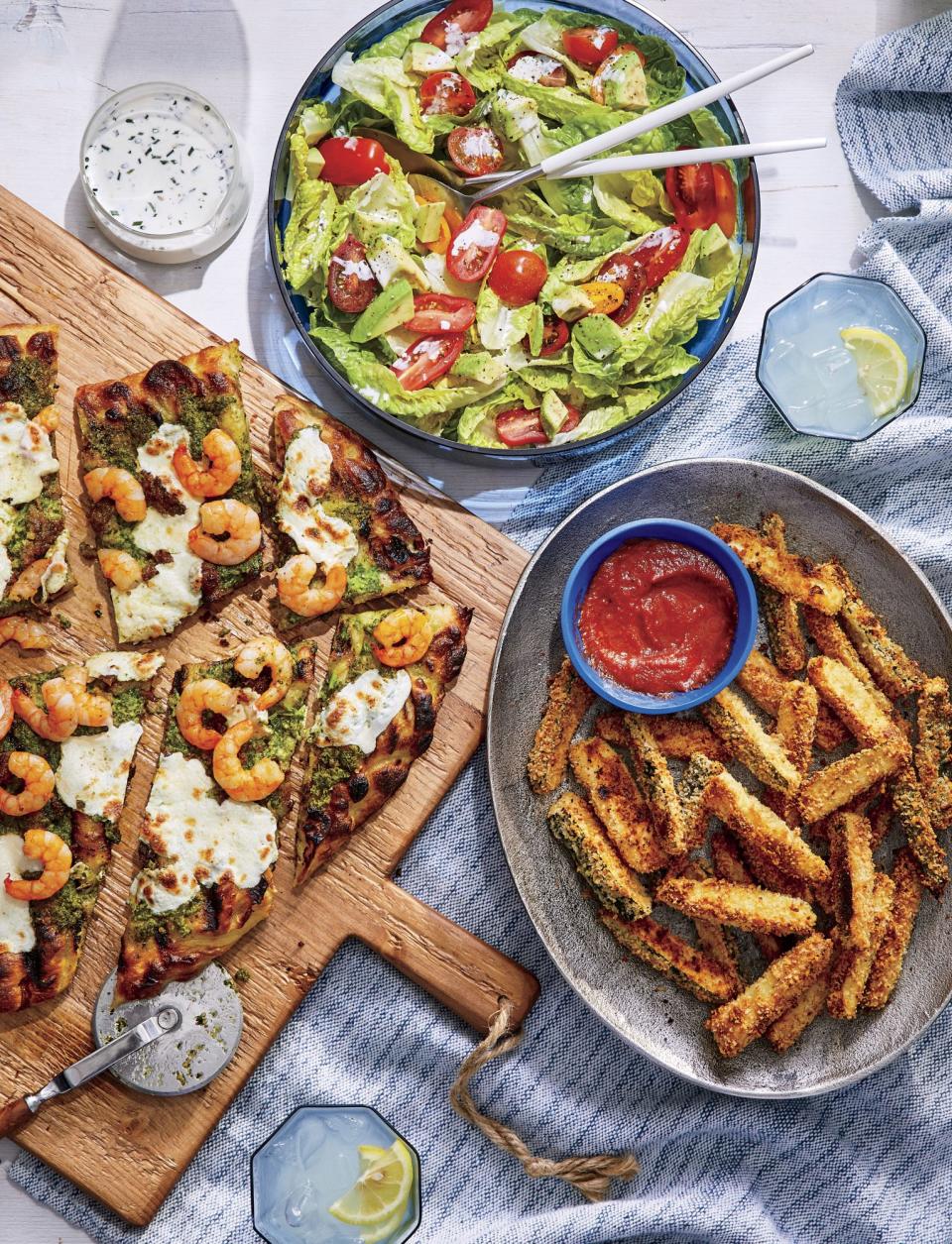 Sausage-and-Shrimp Pizzas with Spinach-Basil Pesto