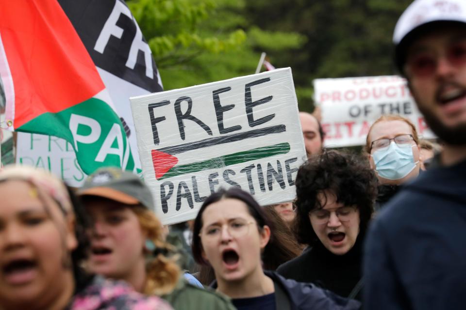 Students and citizens participate in a march for Palestine Tuesday, May 7, 2024, at the University of Wisconsin-Oshkosh in Oshkosh, Wisconsin. The OSSA (Oshkosh Student Socialist Association) organized the protest, and the UWO College of Democrats, SDS, and UWO Disability Advocates cosponsored the event.