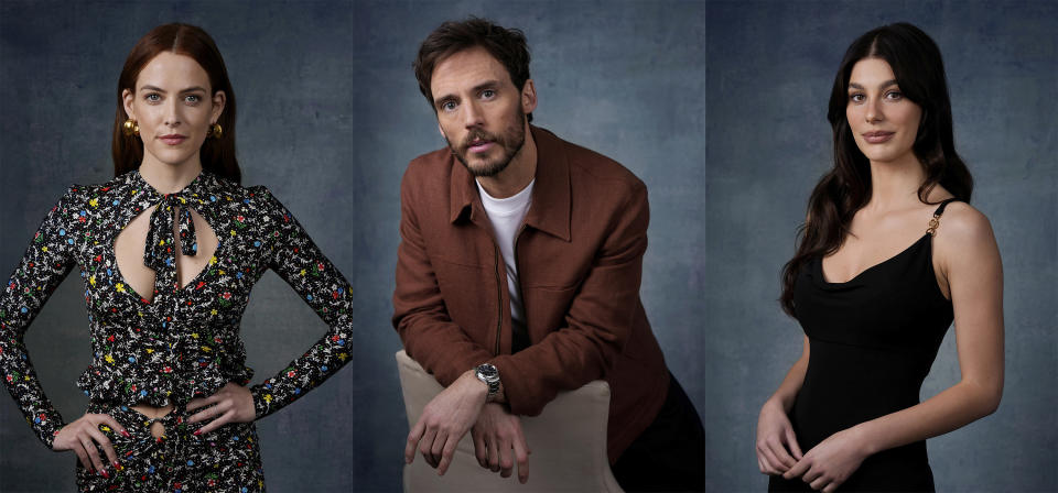 This combination of photos shows, from left, Riley Keough, Sam Claflin and Camila Morrone, cast members in the Amazon miniseries "Daisy Jones and the Six," posing for a portrait at the Four Seasons Hotel in Los Angeles on Feb. 21, 2023. (AP Photo/Chris Pizzello)
