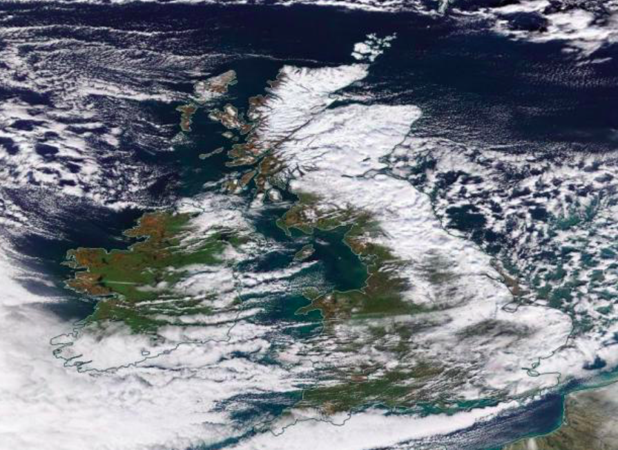 Much of the UK is seen covered in a blanket of snow as temperatures across the country plummeted. (Nasa Worldview)