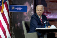 President-elect Joe Biden speaks during a briefing on the economy at The Queen theater, Monday, Nov. 16, 2020, in Wilmington, Del. (AP Photo/Andrew Harnik)