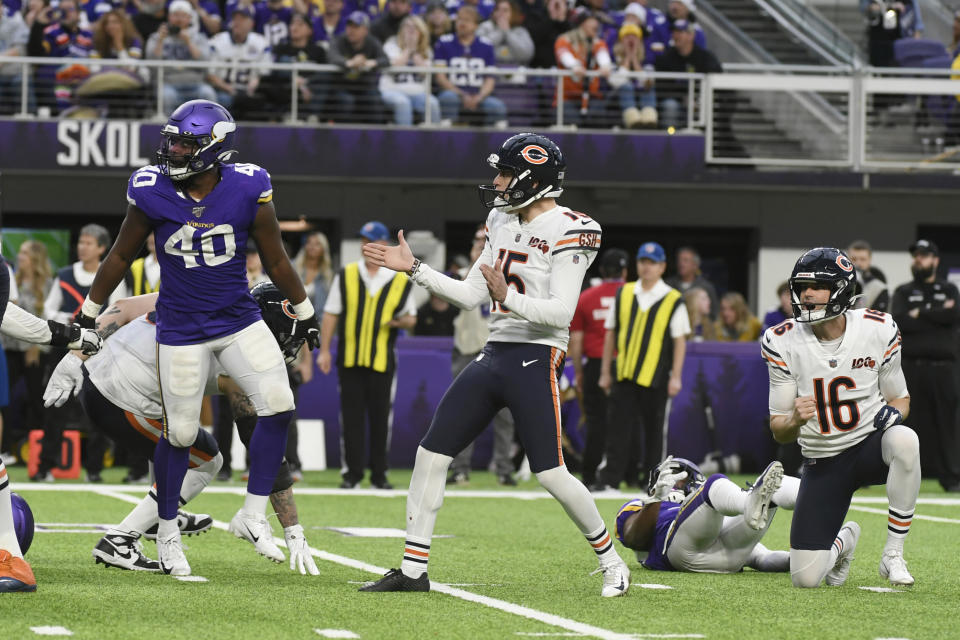 Chicago Bears kicker Eddy Pineiro (15) celebrates after kicking a 22-yard field goal near the end of an NFL football game against the Minnesota Vikings, Sunday, Dec. 29, 2019, in Minneapolis. The Bears won 21-19. (AP Photo/Craig Lassig)