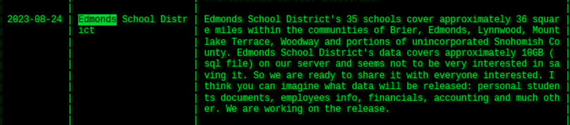 The school district in Edmonds, Washington, was recently listed on a cyber crime gang’s leak site, but the school system denies it was the victim of a recent ransomware scheme. (Screenshot)