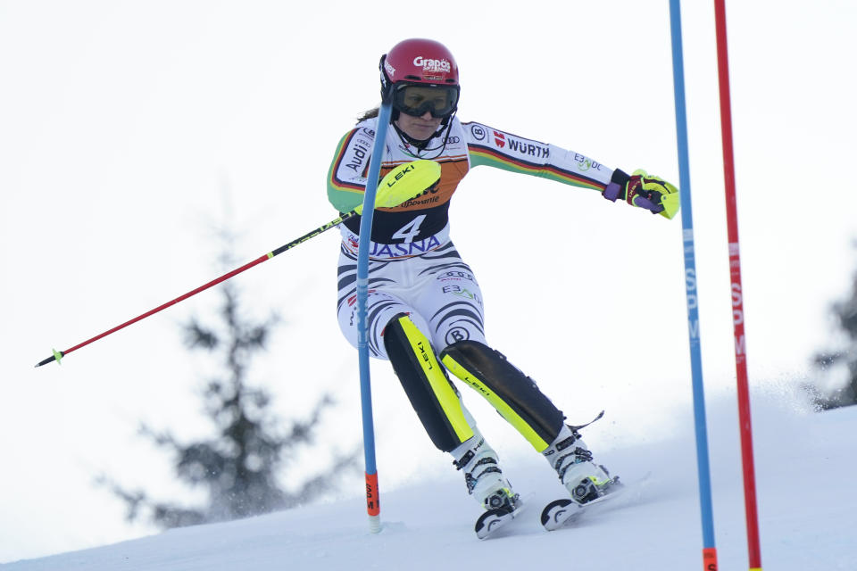 Germany's Lena Duerr competes during an alpine ski, women's World Cup slalom race, in Jasna, Slovakia, Sunday, Jan. 21, 2024. (AP Photo/Pier Marco Tacca)