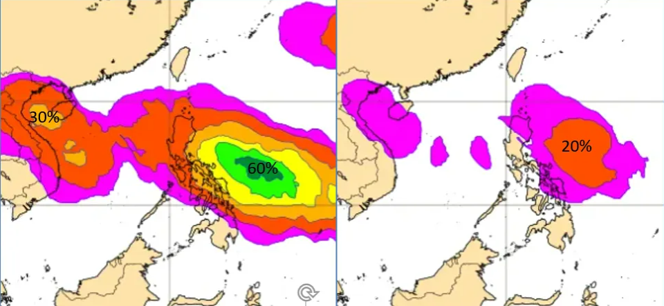 最新(8日20時)歐洲模式(ECMWF)系集模擬顯示，17日前後菲律賓東方至南海一帶「熱帶低壓」存在的機率，分別調整為60％及30％(左圖)。菲律賓東方「輕颱」存在的機率，則調整為20％(右圖)。取自氣象應用推廣基金會官網