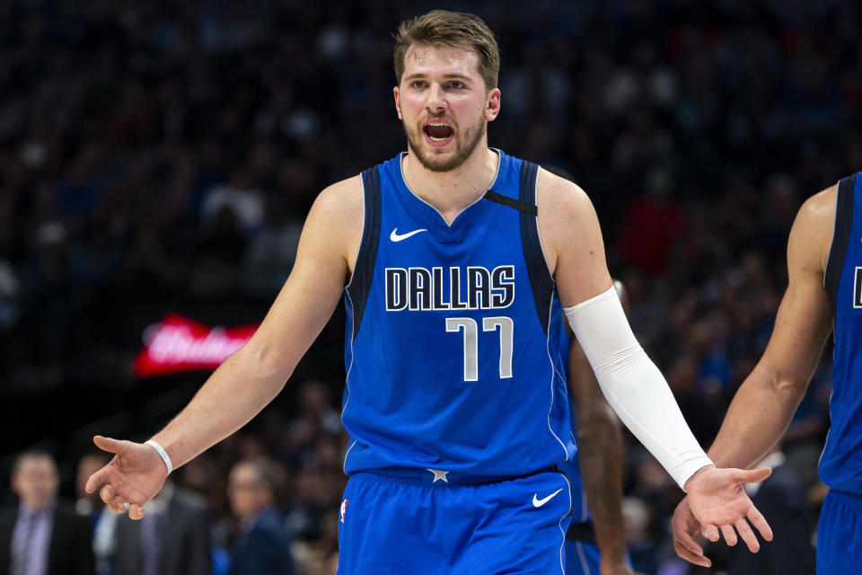 Dallas Mavericks forward Luka Doncic (77) reacts after not getting a foul call against the Chicago Bulls during the first half of an NBA basketball game Monday, Jan. 6, 2020, in Dallas. (AP Photo/Sam Hodde)