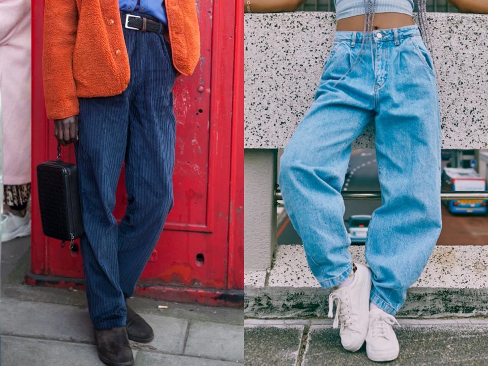 man wearing blue corduroys and a woman wearing baggy blue jeans