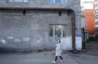 A woman walks past the gas pipeline settled into an old heating station, which is being changed to use gas-fired boilers, in Harbin