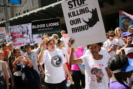 Animal rights activists demonstrate outside the Sandton convention center, a venue hosting the 17th meeting of the U.N.'s Convention on International Trade in Endangered Species (CITES) in Johannesburg, South Africa, September 24, 2016. REUTERS/Siphiwe Sibeko