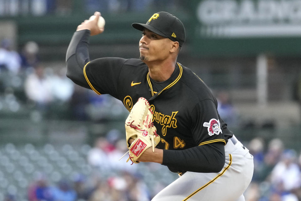 Pittsburgh Pirates starting pitcher Johan Oviedo throws against the Chicago Cubs during the first inning of a baseball game in Chicago, Thursday, June 15, 2023. (AP Photo/Nam Y. Huh)