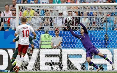 Denmark's Christian Eriksen, left, scores the opening goal during the group C match between Denmark and Australia at the 2018 soccer World Cup in the Samara Arena in Samara, Russia, Thursday, June 21, 2018 - Credit: AP