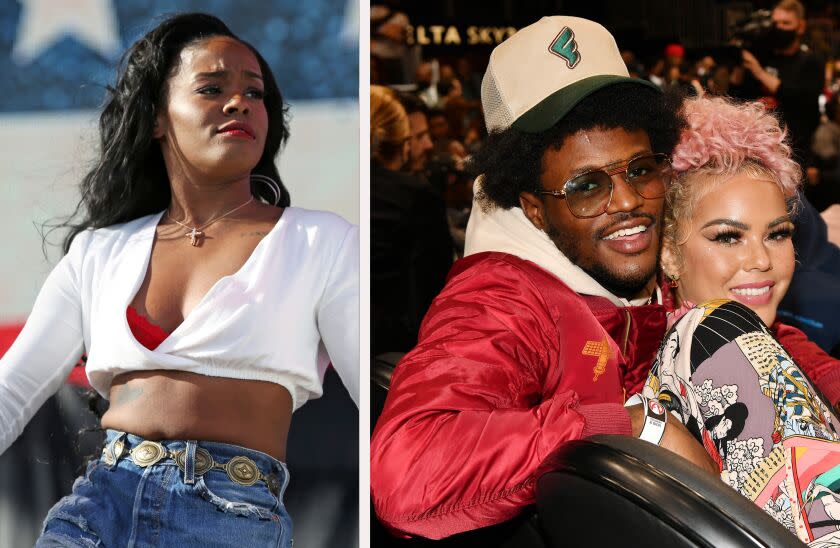 L: Azealia Banks wears a white crop top, R: DC Young Fly wears a hat and hugs his partner Jacky Oh who has pink hair