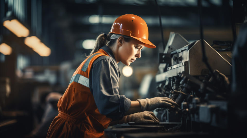 A busy industrial worker in their uniform operating machinery in a factory setting.