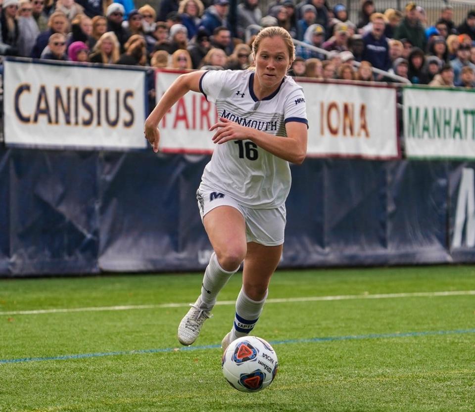 Monmouth forward Lauren Karabin, the Hawks' leading scorer this season, controls the ball against Quinnipiac  on Nov. 7, 2021 in West Long Branch.