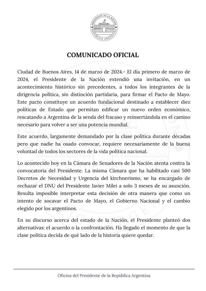 El comunicado oficial tras el voto de rechazo al DNU en el Senado