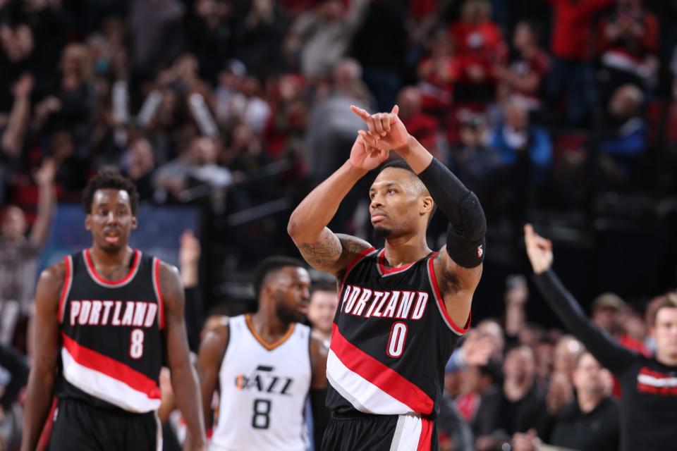 Damian Lillard lets everyone in the gym know what time it is. (Getty Images)