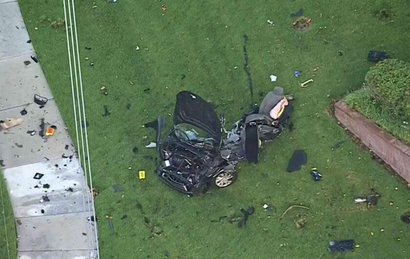 A high-speed pursuit ended with several people dead and two vehicles demolished in a collision in Upland Friday, June 28, 2024. (KTLA)