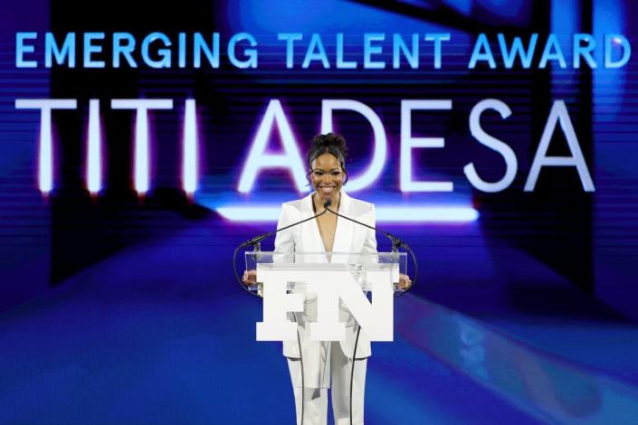 Founder and designer Titi Adesanya speaks onstage during the 35th Annual Footwear News Achievement Awards on November 30, 2021, in New York City. (Photo by Jamie McCarthy/Getty Images for Footwear News)