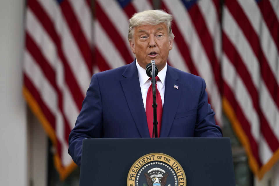 President Donald Trump speaks in the Rose Garden of the White House, Friday, Nov. 13, 2020, in Washington. (AP Photo/Evan Vucci)