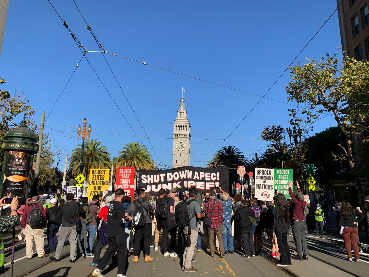 A protest on Sunday, November 12, 2023 in San Francisco against the Asia Pacific Economic Cooperation forum being held in the city from November 11 through 17th. It features leaders from 21 member economies discussing trade and business.