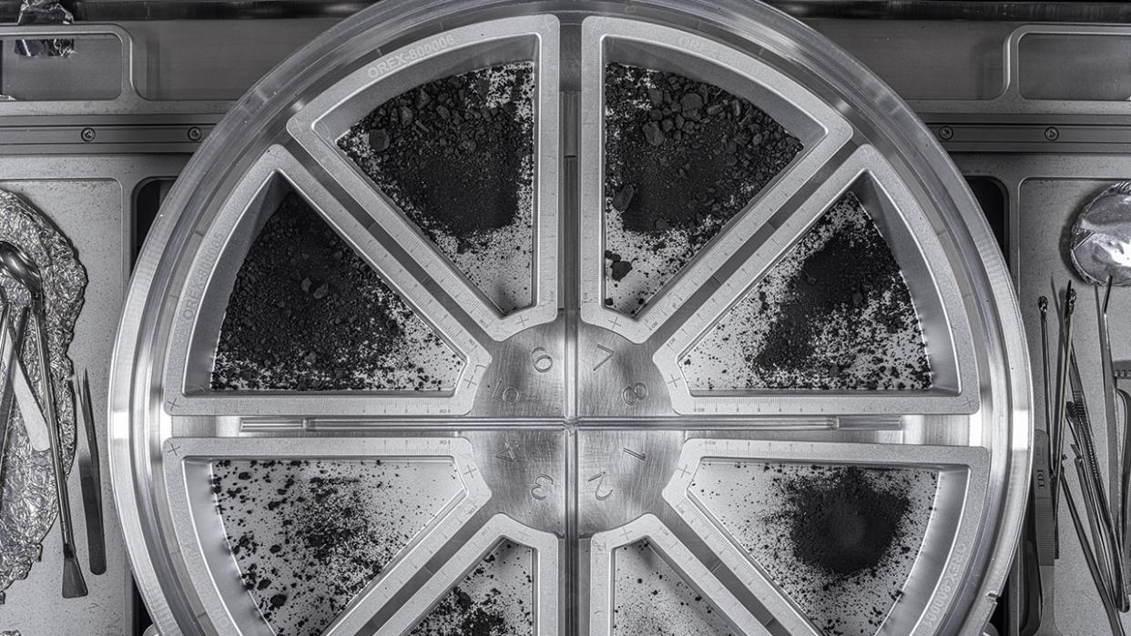  A close-up of NASA's OSIRIS-REx sample trays, containing dust and rubble plundered from asteroid Bennu. 