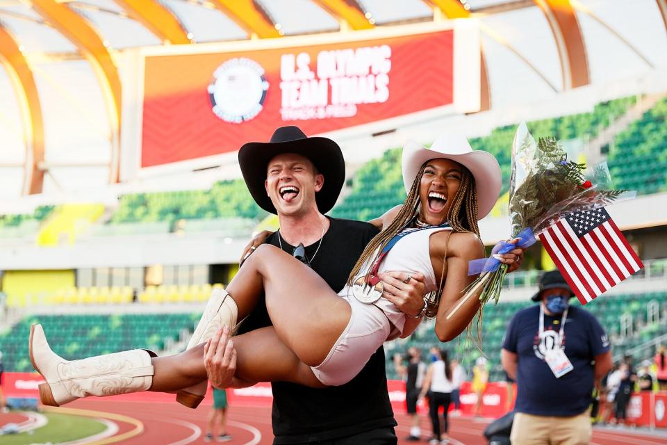 Tara Davis, second place in the Women's Long Jump Final, celebrates with boyfriend and Paralympian Hunter Woodhall on day nine of the 2020 U.S. Olympic Track &amp; Field Team Trials at Hayward Field on June 26, 2021 in Eugene, Oregon.