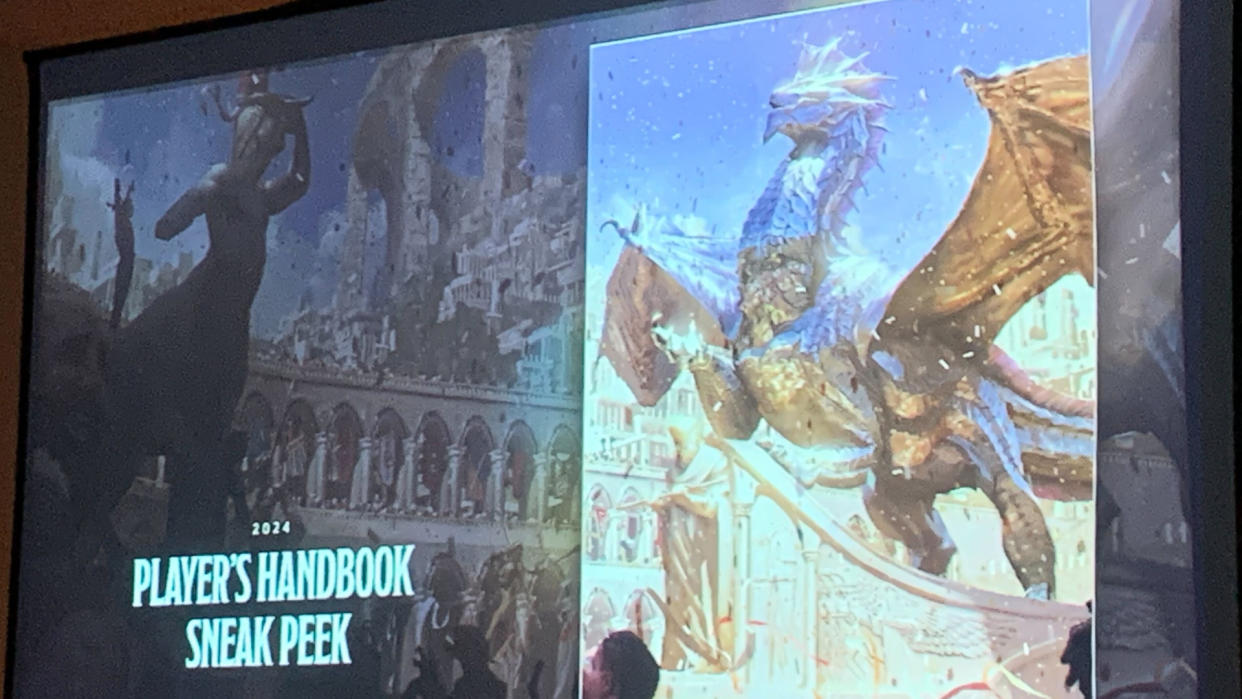  A slide show with an illustration of a dragon amidst a celebration, with the words 'Player's Handbook sneak peek' to one side. 