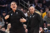 DePaul interim head coach Matt Brady reacts during the second half of an NCAA college basketball game against the Villanova in the first round of the Big East Conference tournament, Wednesday, March 13, 2024, in New York. (AP Photo/Mary Altaffer)