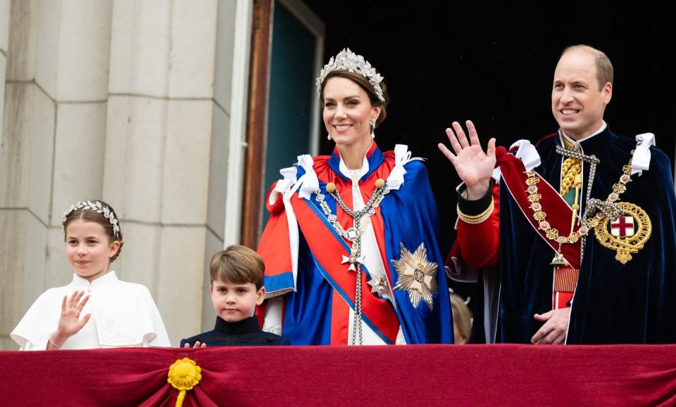 london, england may 06 princess charlotte of wales, catherine, princess of wales, prince louis of wales and prince william, prince of wales on the balcony of buckingham palace following the coronation of king charles iii and queen camilla on may 06, 2023 in london, england the coronation of charles iii and his wife, camilla, as king and queen of the united kingdom of great britain and northern ireland, and the other commonwealth realms takes place at westminster abbey today charles acceded to the throne on 8 september 2022, upon the death of his mother, elizabeth ii photo by poolsamir husseinwireimage