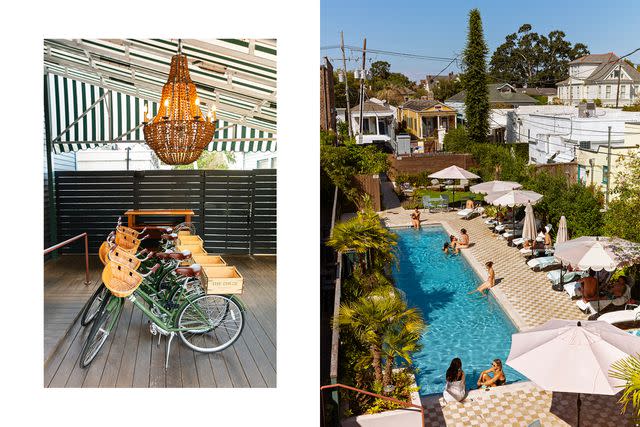 <p>Cedric Angeles</p> From left: Bicycles for guests outside the Chloe hotel; the pool at the Chloe.