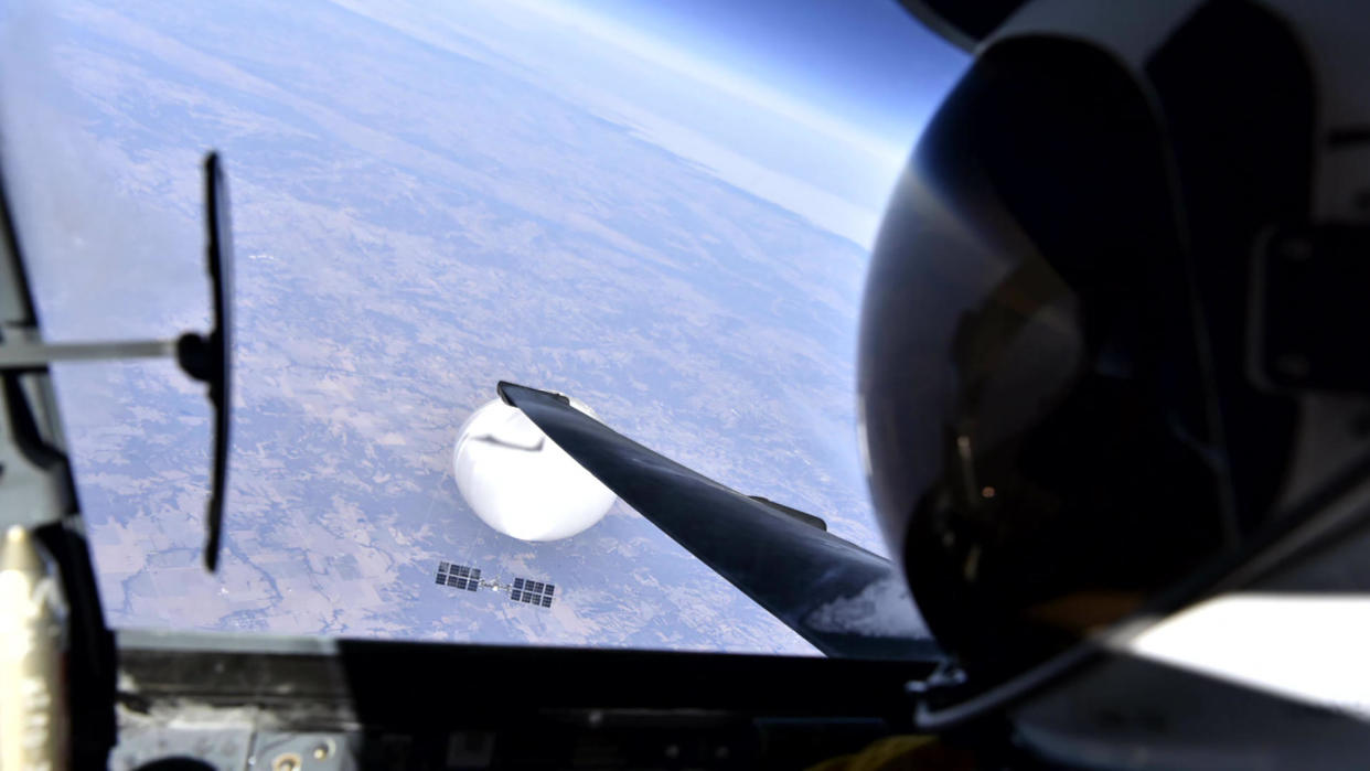 A U.S. Air Force U-2 pilot looks down at the suspected Chinese  surveillance balloon on February 3, 2023 as it hovers over the central Continental United States. / Credit: Department of Defense via Getty Images