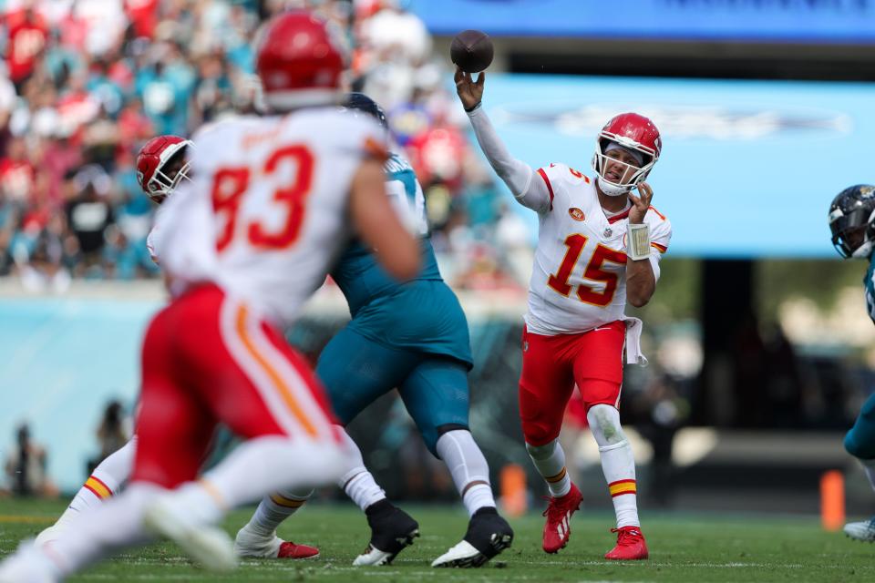 Sep 17, 2023; Jacksonville, Florida, USA;  Kansas City Chiefs quarterback Patrick Mahomes (15) drops back to pass against the Jacksonville Jaguars in the second quarter at EverBank Stadium. Mandatory Credit: Nathan Ray Seebeck-USA TODAY Sports